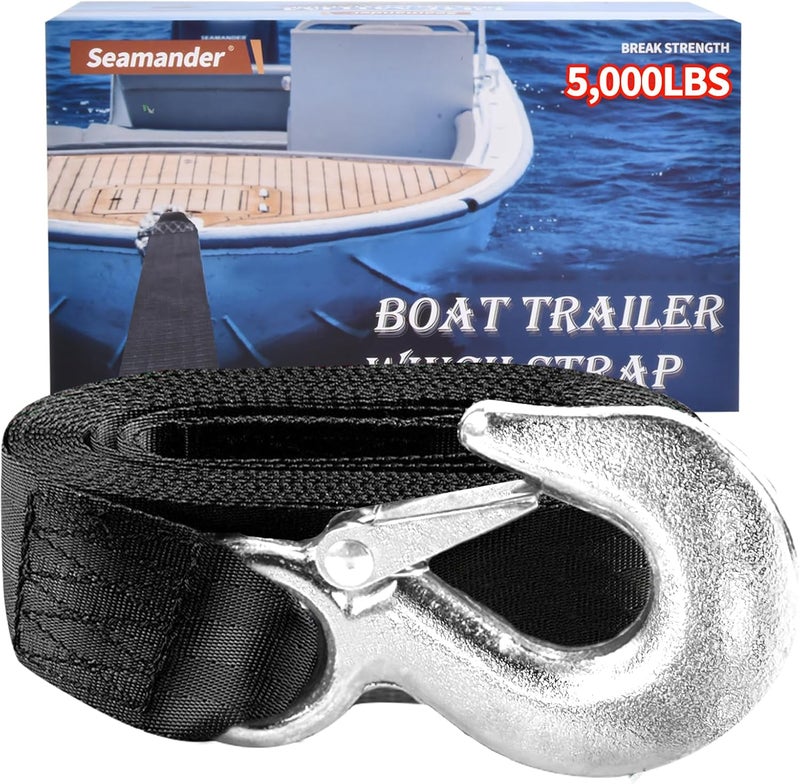 Seamander Boat Winch Strap 2" x 20' with Safety Hook 5000-pound Break Strength Used for Towing Vehicles, Boats and Jet Skis | Lifetime Replacement - Image 1